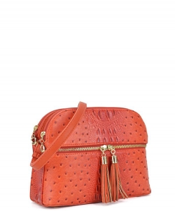 Ostrich Embossed Multi-Compartment Cross Body with Zip Tassel OS050 BURNT ORANGE